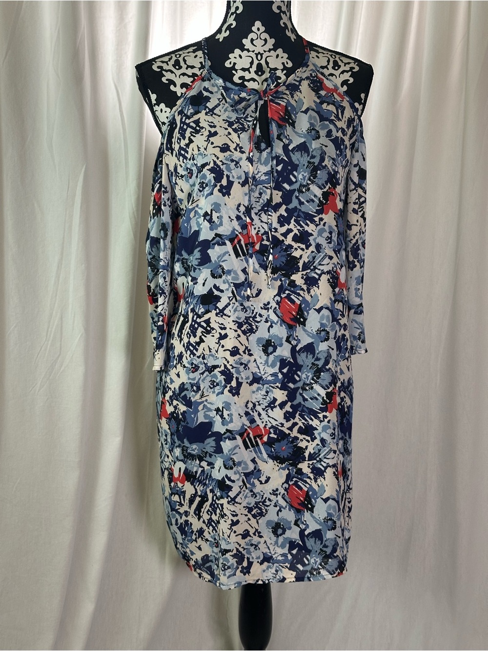 Floral Cold-Shoulder Midi Dress in Blue